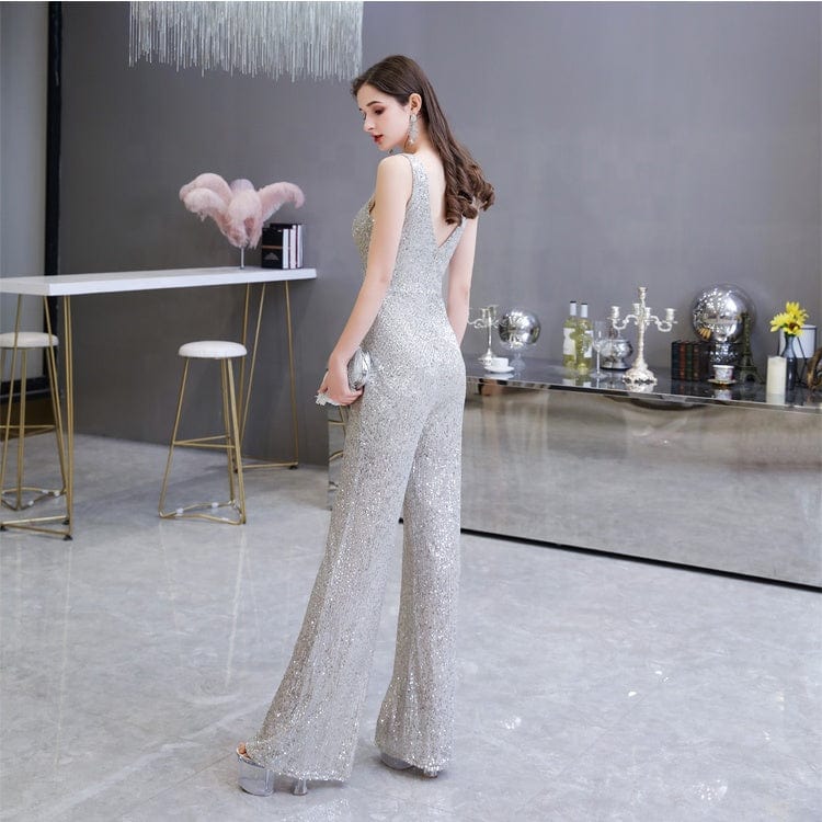 Sexy Fashion Sleeveless V Neck Sliver Sequin Jumpsuit Woman Club Bodysuit