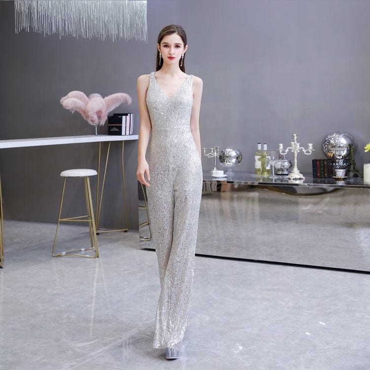 Sexy Fashion Sleeveless V Neck Sliver Sequin Jumpsuit Woman Club Bodysuit