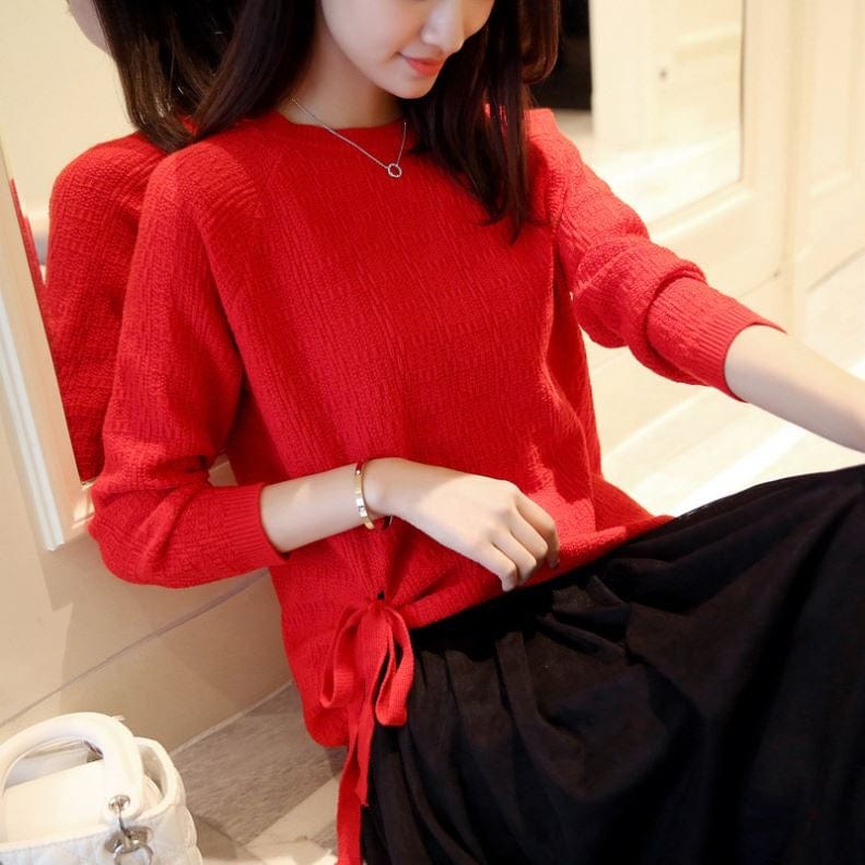 Sexy Girl Crew Neck Side Bandage Loose Thin Spring Knitted Acrylic Jumper Sweater