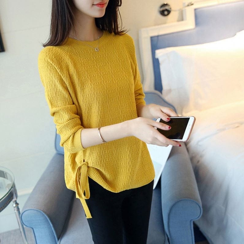 Sexy Girl Crew Neck Side Bandage Loose Thin Spring Knitted Acrylic Jumper Sweater