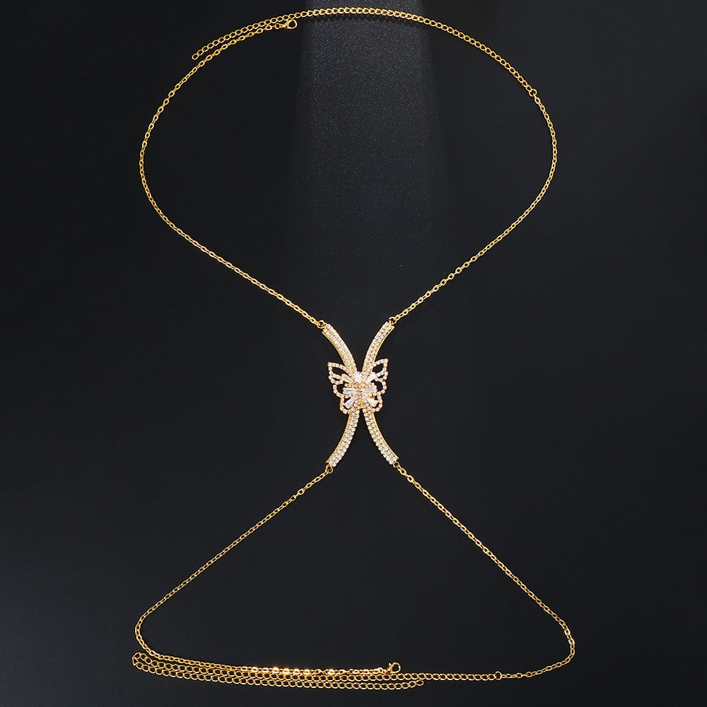 sexy / Gold CARTER LISA Rhinestone Chest Bracket Bras Bikini Luxury Zircon Butterfly Body Chain Underwear Jewelry