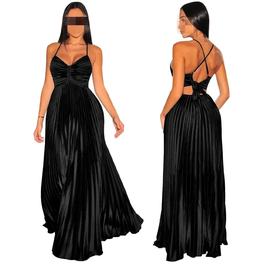 sexy J&H Hot Selling Summer Women Deep Neck Sexy Backless Cross Slip Dress Gradient Pleated Prom Evening Party Long Dresses