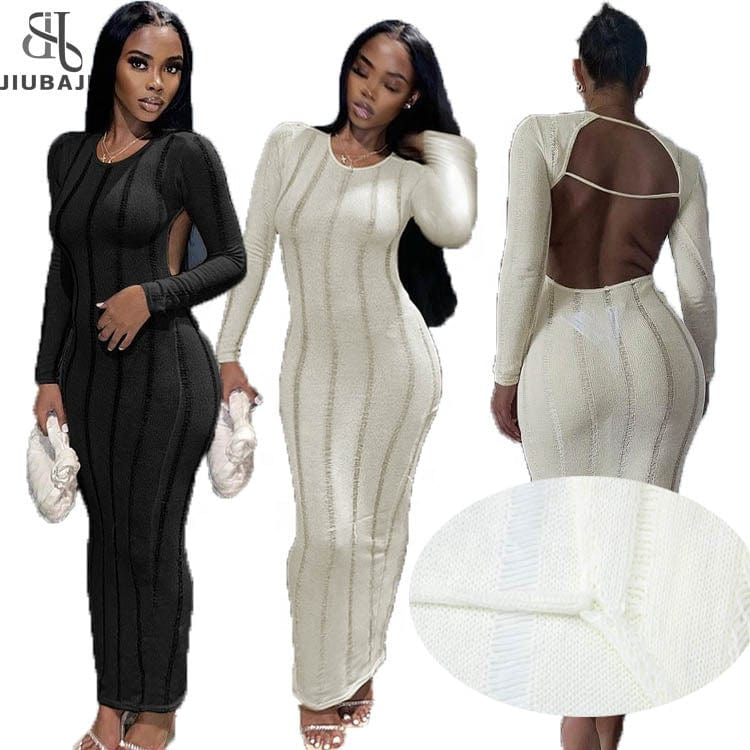 Sexy Knit Hollow Out Bodycon Maxi Dresses Club Outfit For Women 2023 Long Sleeve Backless Party Long Dress