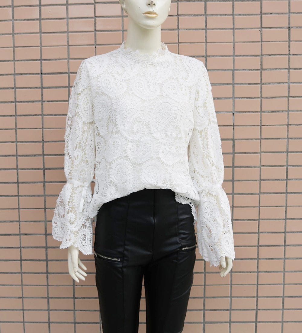 Sexy Lace Hollow Shirt Blouse Woman Spring Fall Fashion Long Sleeve O-neck Shirts Top Femme White Vintage Loose Women Clothing