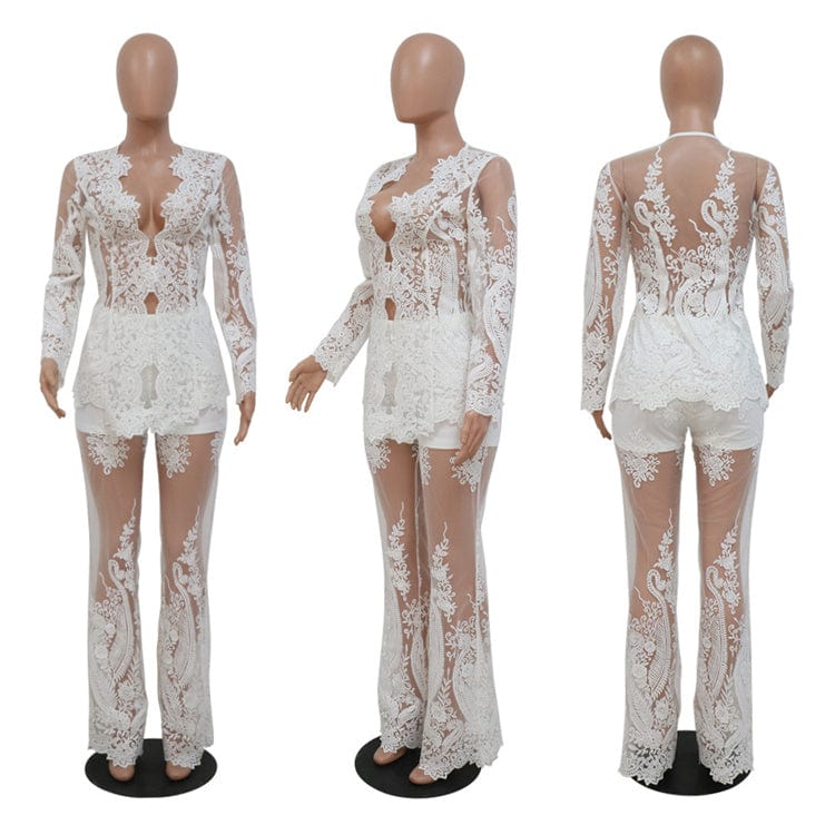 Sexy Lace Women Two Pieces Set Fashion Aplique Mesh Long Sleeve Tops Party Nightclub Pants Suit