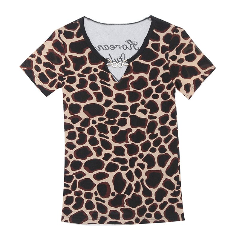 Sexy Mesh T-shirt Women Summer Print Leopard O-neck Hollow Out Transparent Back Slim Stretchy Tops Tees Short Sleeve T25605