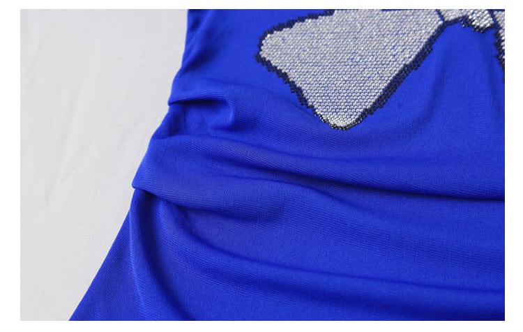 Sexy Mesh T-shirt Women Summer V-neck Handmade Diamonds Beading Bow Slim Stretchy Women Tops Tees Black Blue Short Sleeve T25602