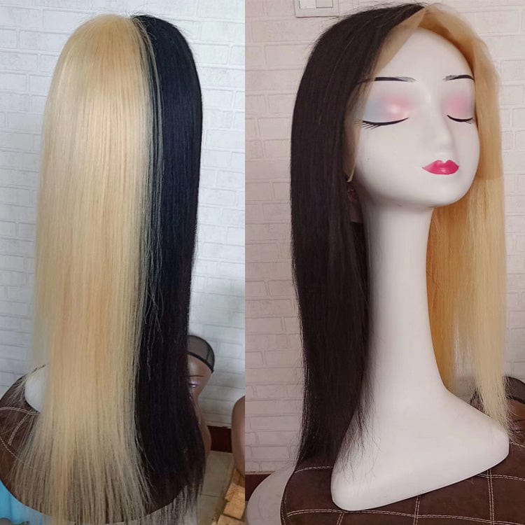Sexy New Design Half Blonde 613 Half Black Hand Made Human Hair Front Lace Wig Baby Hair 150% Density Lace Front Wig For Women
