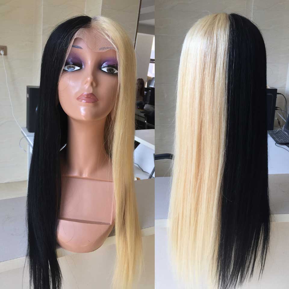 Sexy New Design Half Blonde 613 Half Black Hand Made Human Hair Front Lace Wig Baby Hair 150% Density Lace Front Wig For Women
