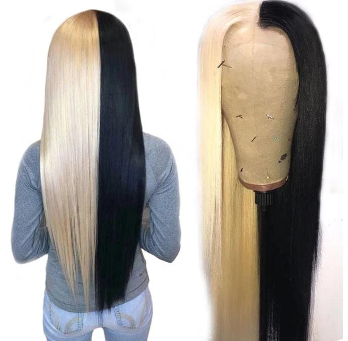 Sexy New Design Half Blonde 613 Half Black Hand Made Human Hair Front Lace Wig Baby Hair 150% Density Lace Front Wig For Women