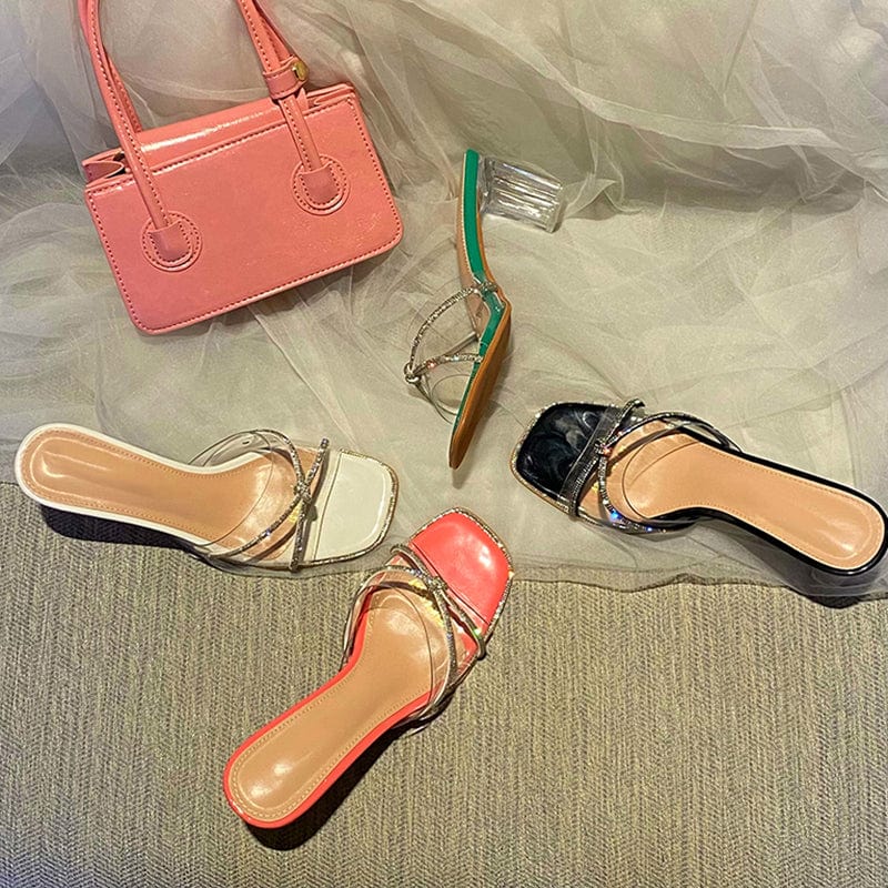 Sexy Open Toe Fashion Transparent Crystal Decoration Slip-On Sandals Street Style Mules Square Heel High Heel Women Slippers