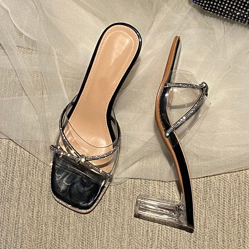 Sexy Open Toe Fashion Transparent Crystal Decoration Slip-On Sandals Street Style Mules Square Heel High Heel Women Slippers
