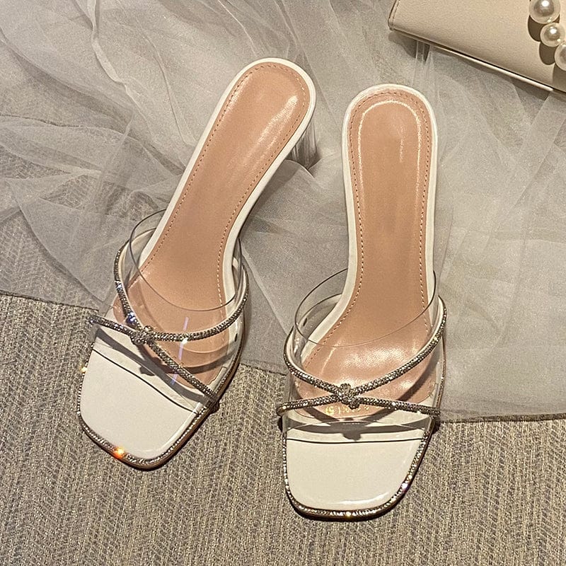Sexy Open Toe Fashion Transparent Crystal Decoration Slip-On Sandals Street Style Mules Square Heel High Heel Women Slippers