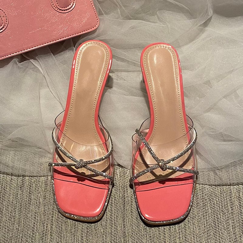 Sexy Open Toe Fashion Transparent Crystal Decoration Slip-On Sandals Street Style Mules Square Heel High Heel Women Slippers