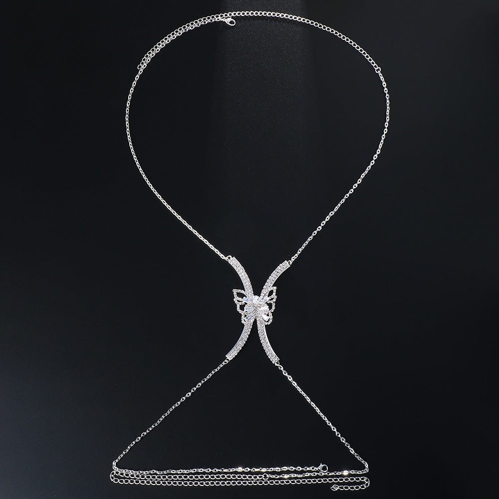 sexy / silver CARTER LISA Rhinestone Chest Bracket Bras Bikini Luxury Zircon Butterfly Body Chain Underwear Jewelry