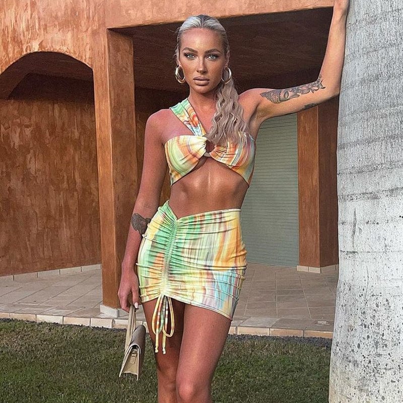 Sexy Two Piece Women Sets Strapless One Shoulder Sequined Crop Tops Skirt Set y2k Beach Holiday B1605