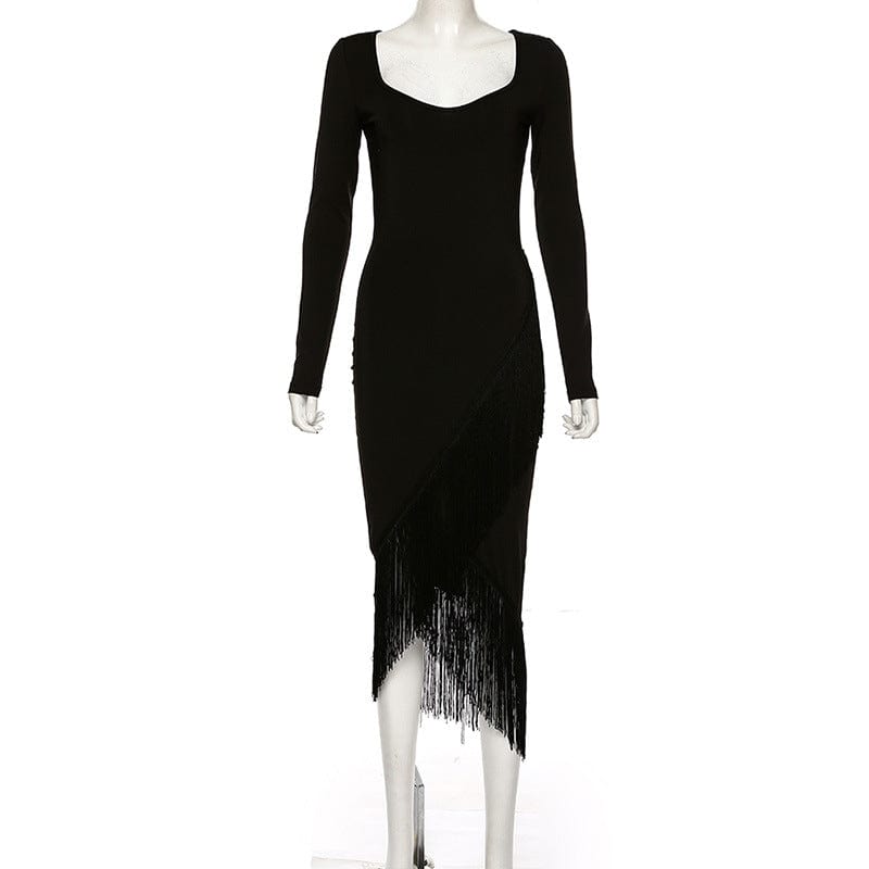 Sexy V-neck Long Sleeves Bodycon Chic Tassel Lady Party Cocktail Dress