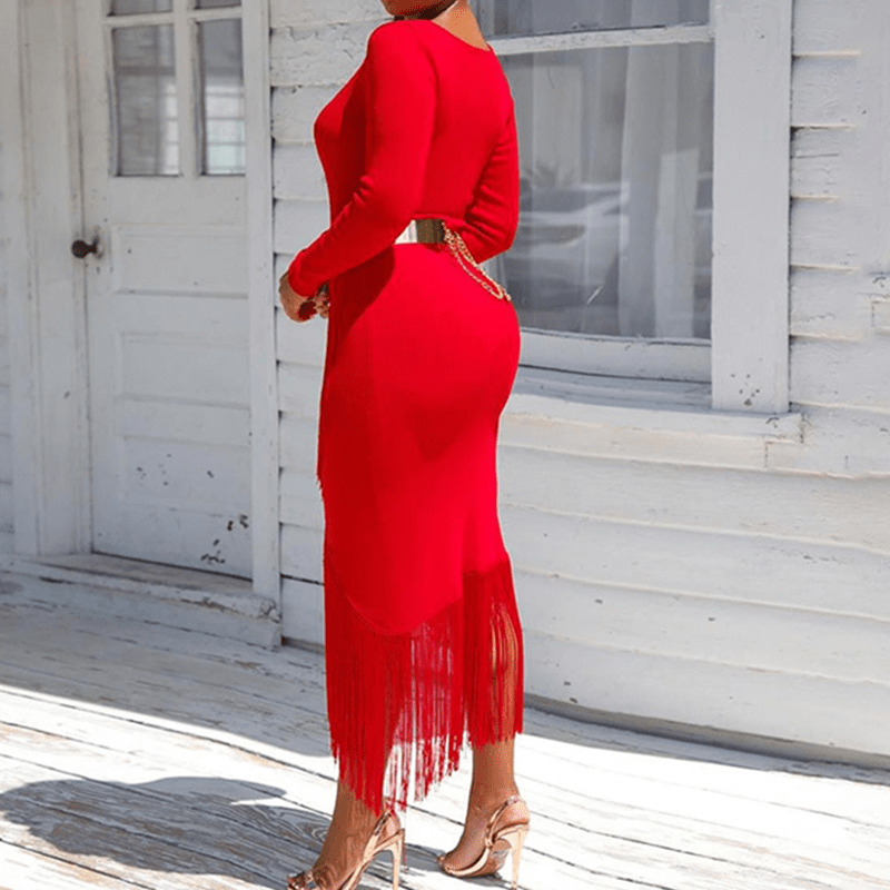 Sexy V-neck Long Sleeves Bodycon Chic Tassel Lady Party Cocktail Dress