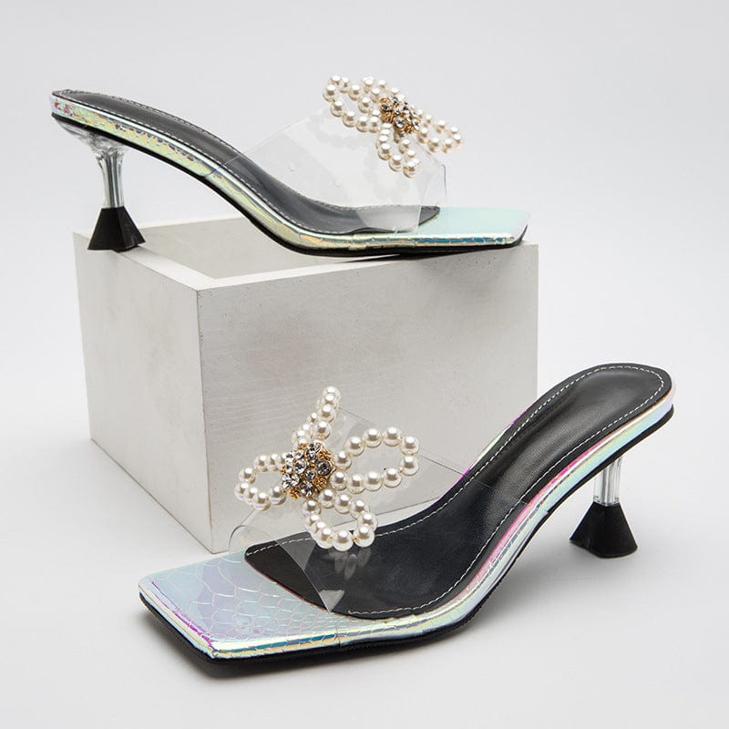 sh10274a Pearl Bowknot Sandals Women 2023 Sweet Square Head Transparent Outdoor Wear Heeled Slipper