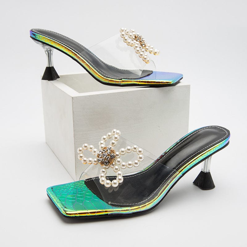 sh10274a Pearl Bowknot Sandals Women 2023 Sweet Square Head Transparent Outdoor Wear Heeled Slipper