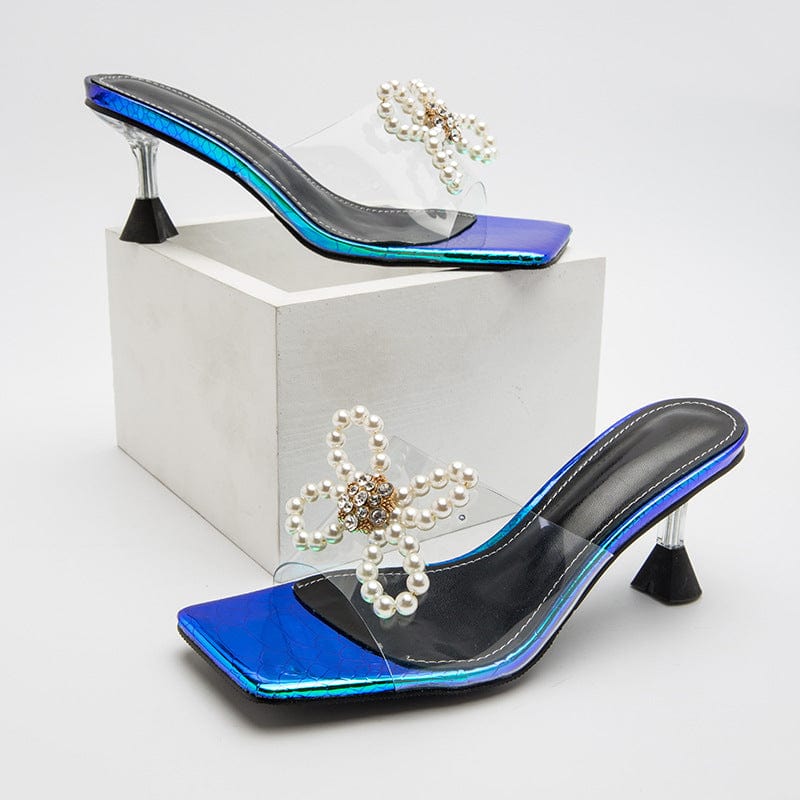 sh10274a Pearl Bowknot Sandals Women 2023 Sweet Square Head Transparent Outdoor Wear Heeled Slipper