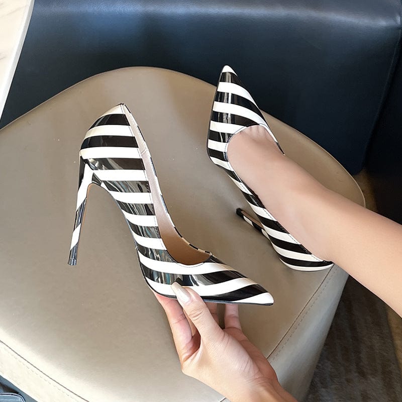 sh11013a Black White Stripes Pointed Toe Slip On 12cm High Heel Woman Pumps Shoes 2022