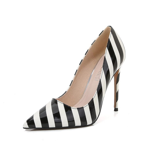 sh11013a Black White Stripes Pointed Toe Slip On 12cm High Heel Woman Pumps Shoes 2022