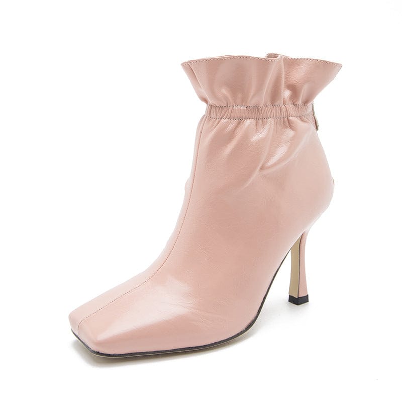 sh12225a New Arrival Women Ankle Boots Black Leather Thin Heels 9 cm Zipper Square Toe Pleated Winter Shoes Women