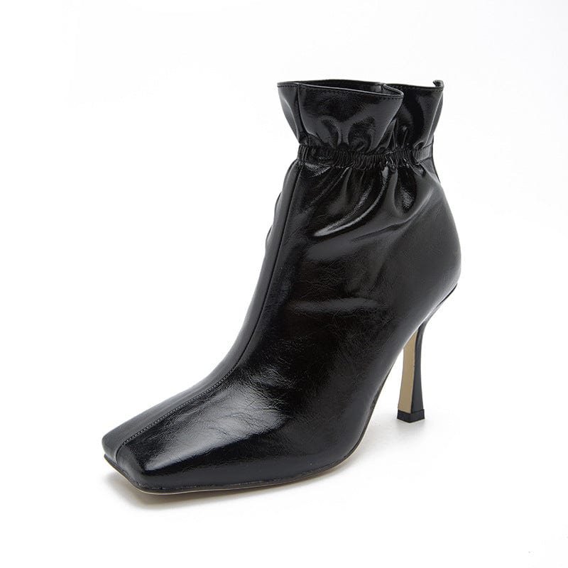 sh12225a New Arrival Women Ankle Boots Black Leather Thin Heels 9 cm Zipper Square Toe Pleated Winter Shoes Women