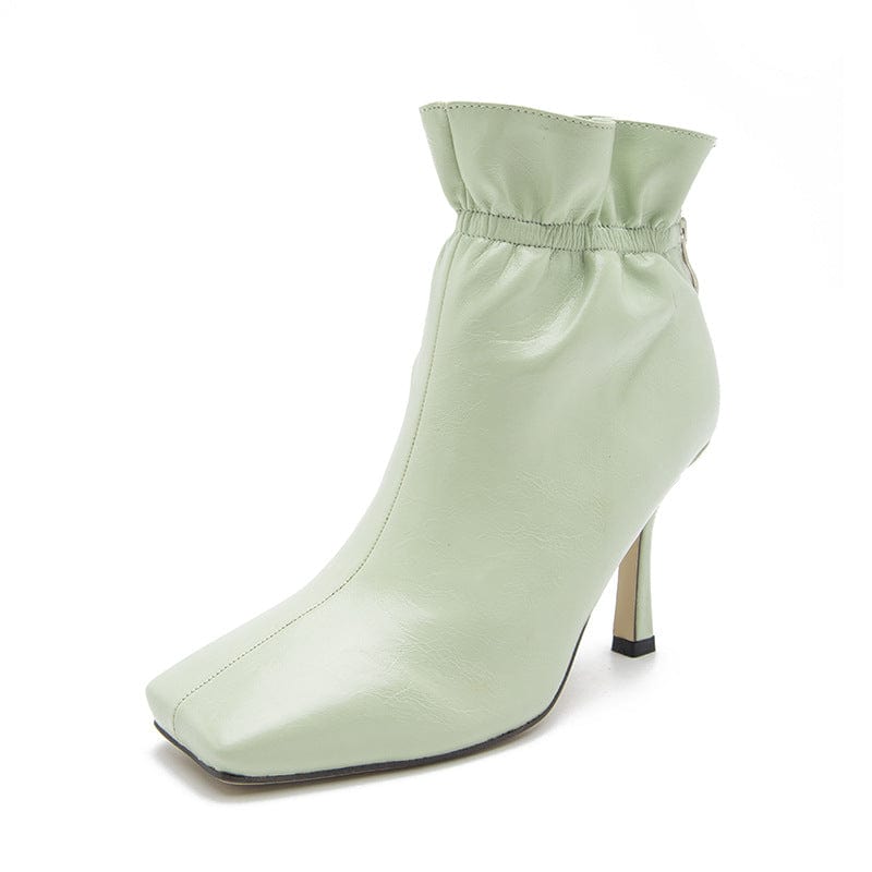 sh12225a New Arrival Women Ankle Boots Black Leather Thin Heels 9 cm Zipper Square Toe Pleated Winter Shoes Women