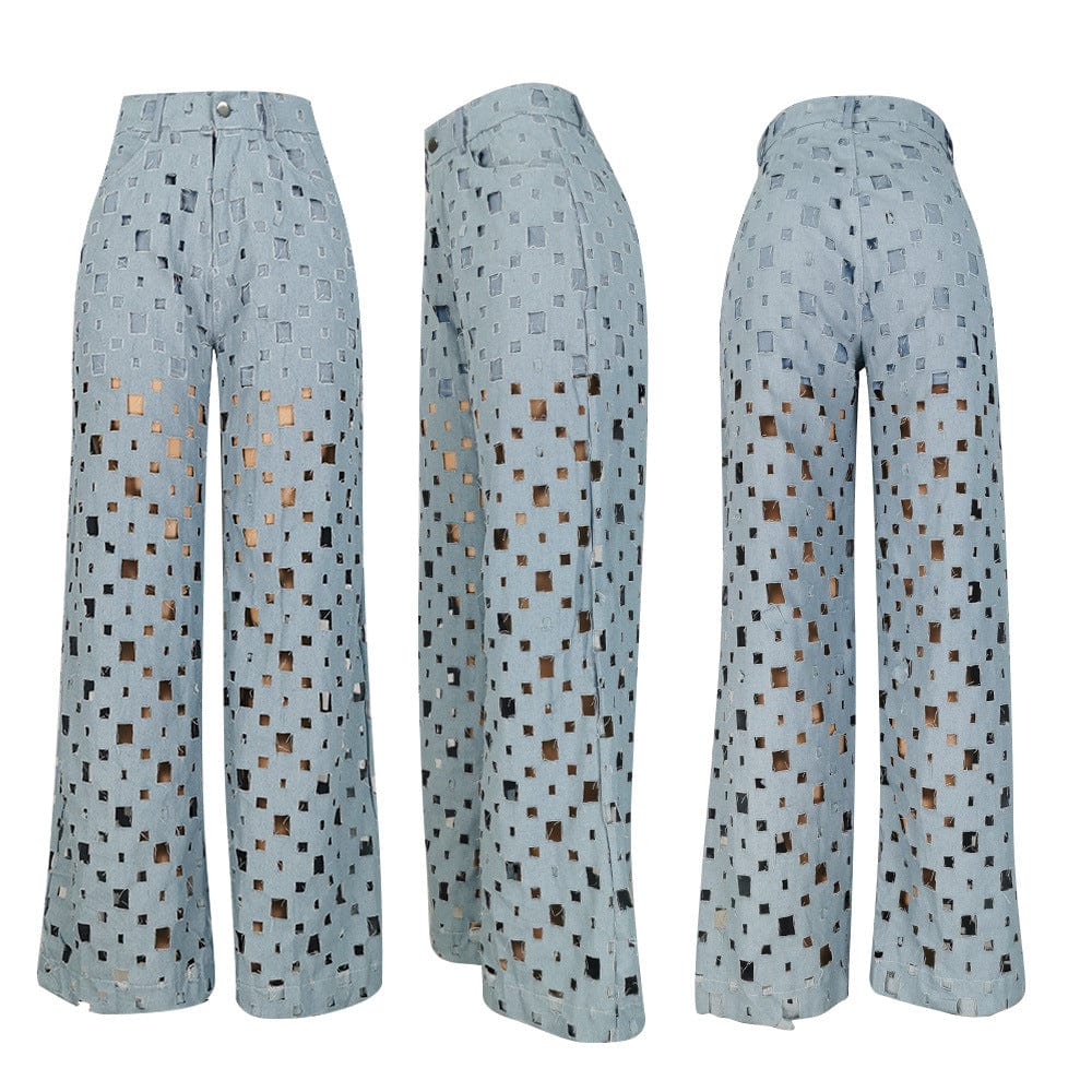 Sharee 2023 Fashionable Hollow Out Wide Leg Ripped Jeans High Waisted Denim Jeans Women