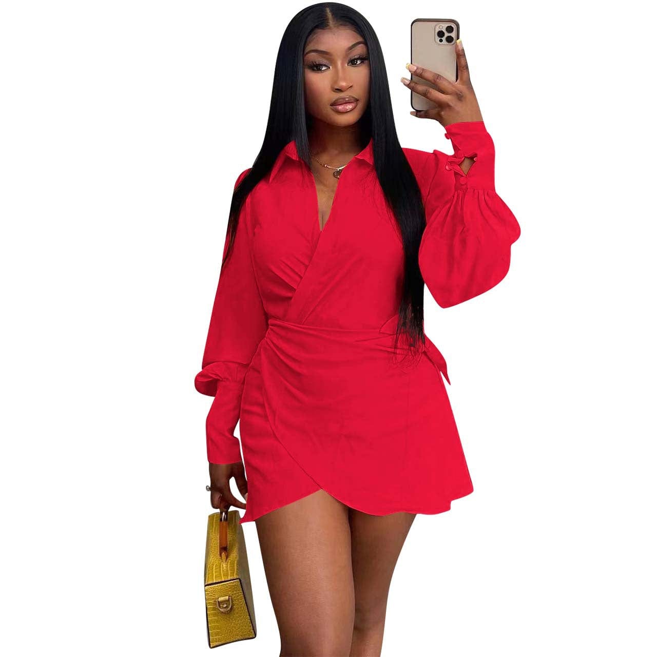 Sharee 2023 New Arrivals Spring Fall Women Sexy Deep V Shirt Dresses Fashion Women Clothing Solid Long Sleeve Casual Mini Dress