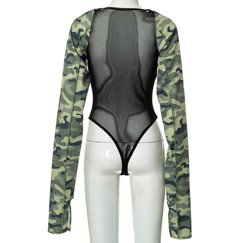 Sharee 2023 New Camouflage Long Sleeve Mesh Bodysuit One Piece Bodycon Jumpsuit Sexy Bodysuits For Women