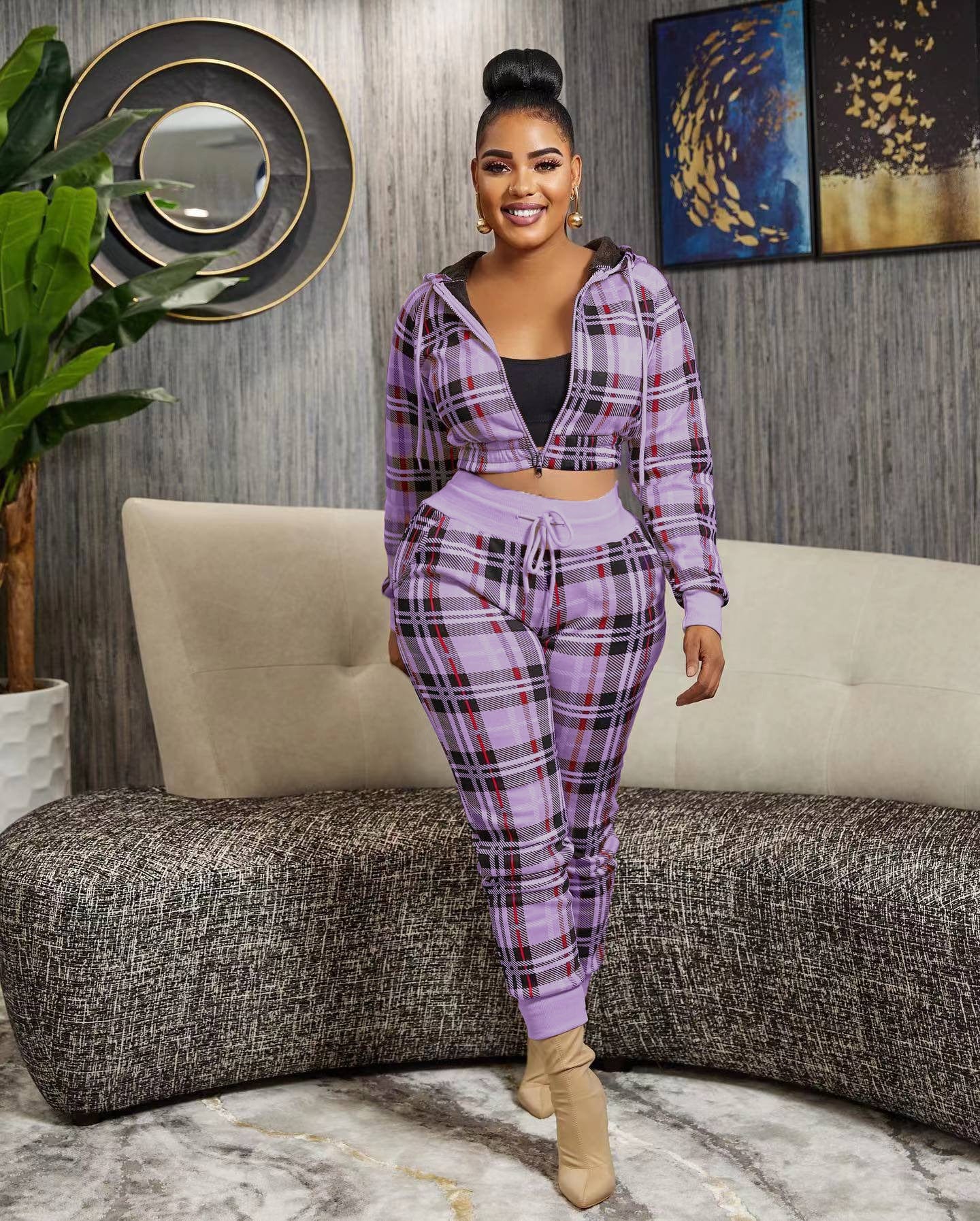 Sharee 2023 Popular Brand Clothes Us Size Two Piece Plaid Hoodie Jacket Pants Sets Sweatsuit Sets Women