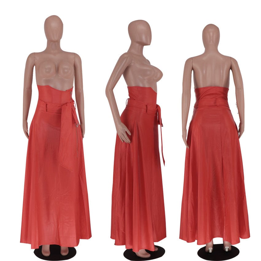 Sharee America Size Clothing Elegant High Waist Pu Leather Skirt Split Long Skirts For Women