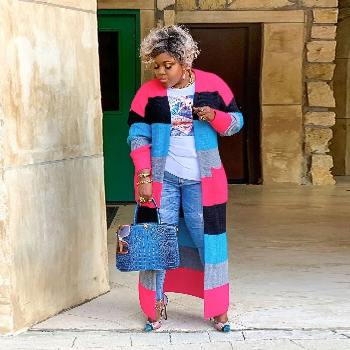 Sharee Fashion America Plus Size Sweaters Cardigan Women With Pocket Contrasting Colors Plus Size Cardigan For Women