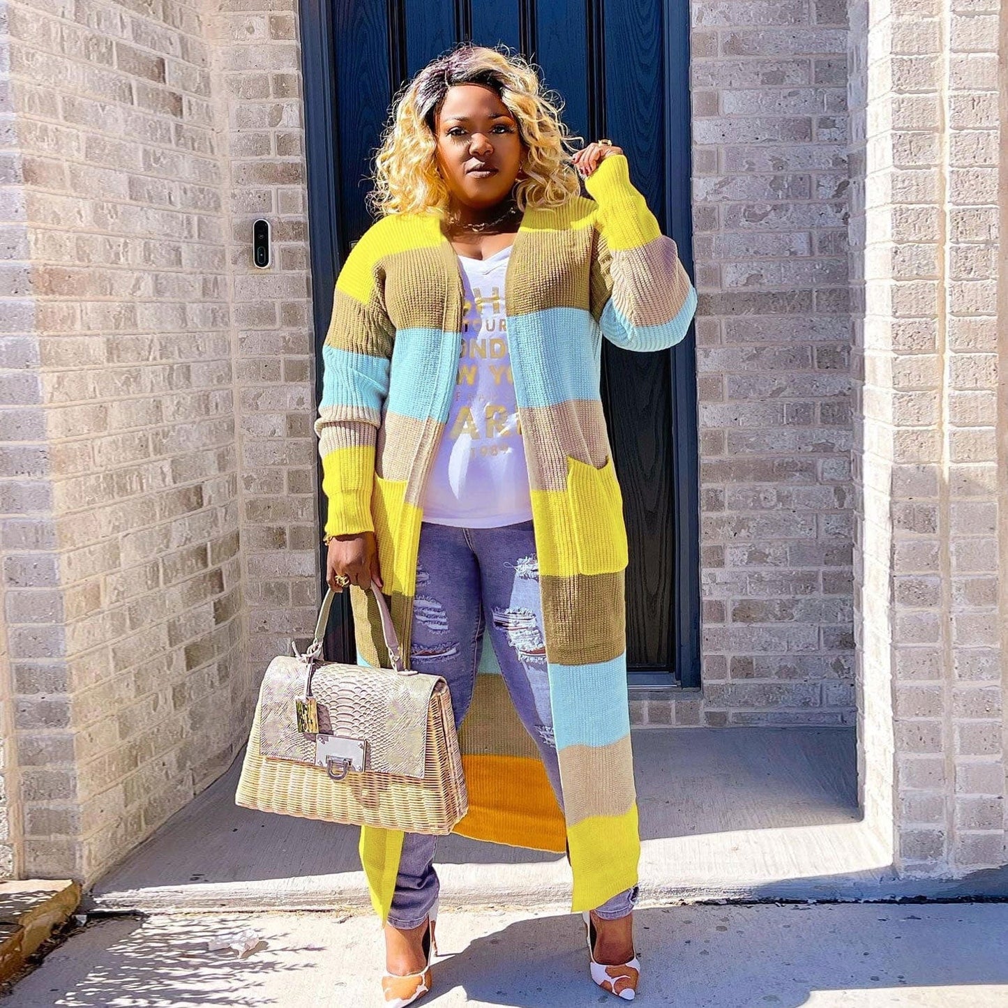 Sharee Fashion America Plus Size Sweaters Cardigan Women With Pocket Contrasting Colors Plus Size Cardigan For Women