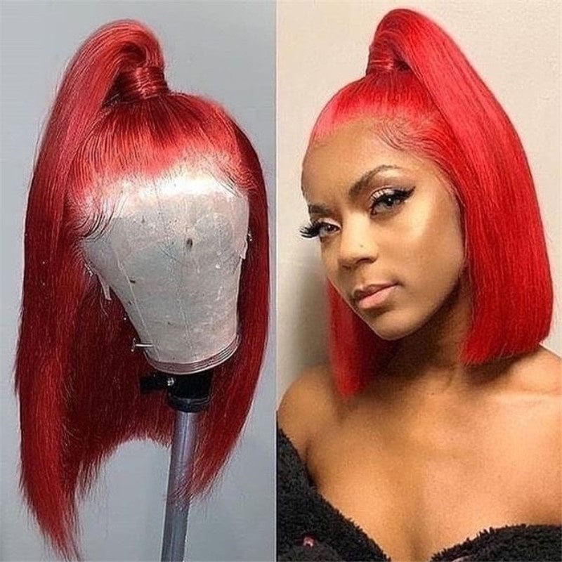 Short Bob Red Color Virgin Hair Silky Straight Human Hair 13*4 Lace Front Wig