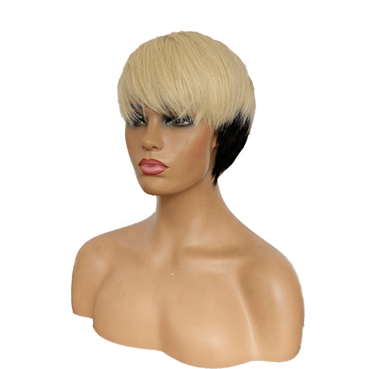 Short Bob Straight Pixie Cut None Lace Wig Ombre Black to Blonde Color Human Hair Lace Front Wigs