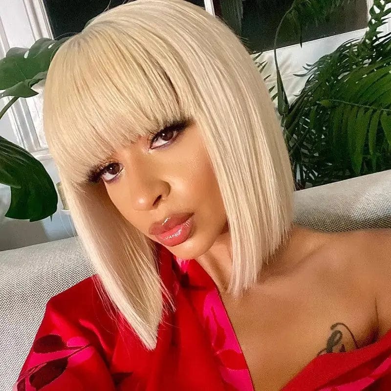 Short Bob Wigs Natural Black Color Silky Straight Peruvian Hair None Lace Wigs for Black Women