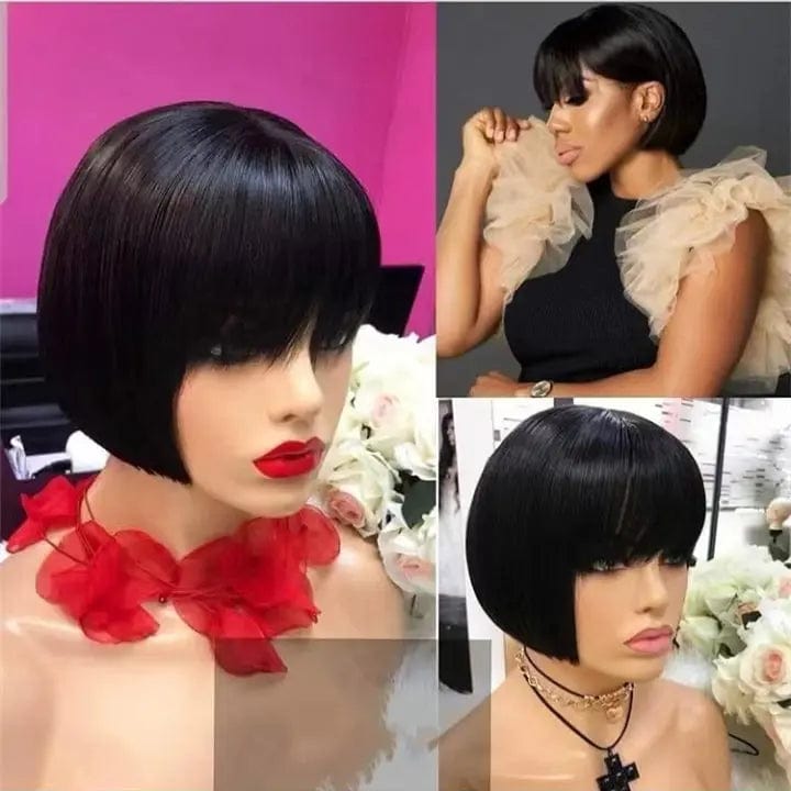Short Bob Wigs Natural Black Color Silky Straight Peruvian Hair None Lace Wigs for Black Women