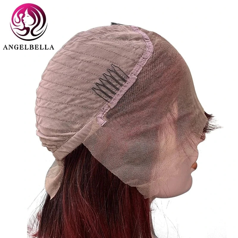 Short Bob Wigs With Bangs 180 Density Human Hair Lace Front Wigs Bone Straight Ombre Red Lace Wig