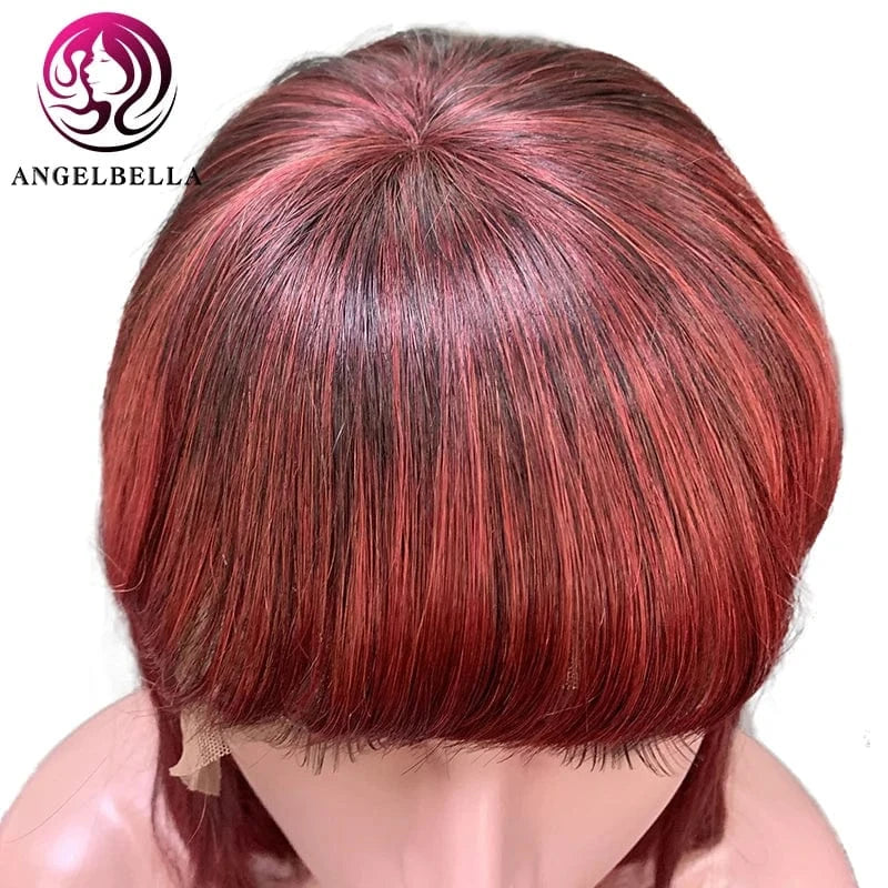 Short Bob Wigs With Bangs 180 Density Human Hair Lace Front Wigs Bone Straight Ombre Red Lace Wig