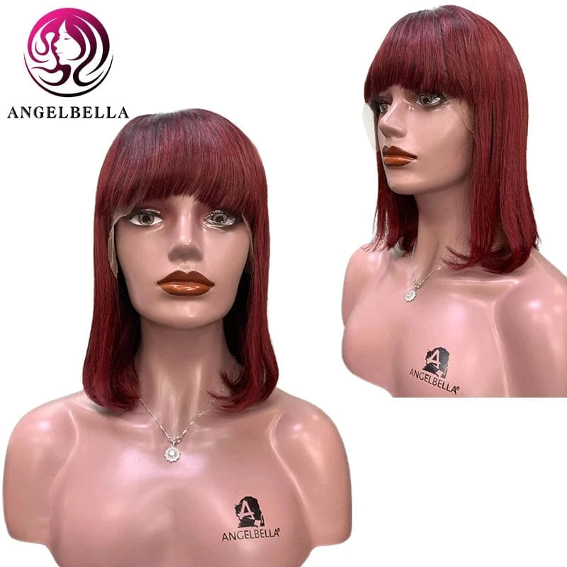 Short Bob Wigs With Bangs 180 Density Human Hair Lace Front Wigs Bone Straight Ombre Red Lace Wig