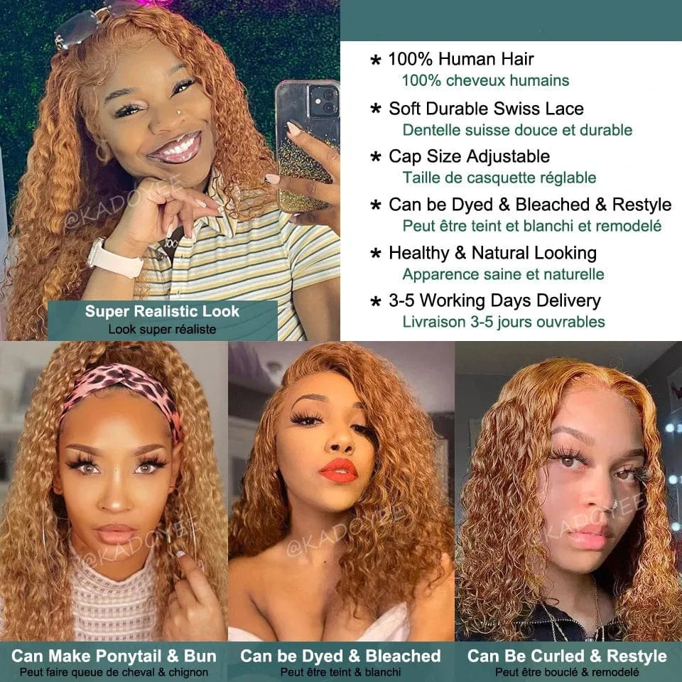 Short Curly Honey Blonde Bob Wig Lace Front Human Hair Wigs For Women #27 Color Brazilian Kinky Curly Lace Closure Frontal Wigs