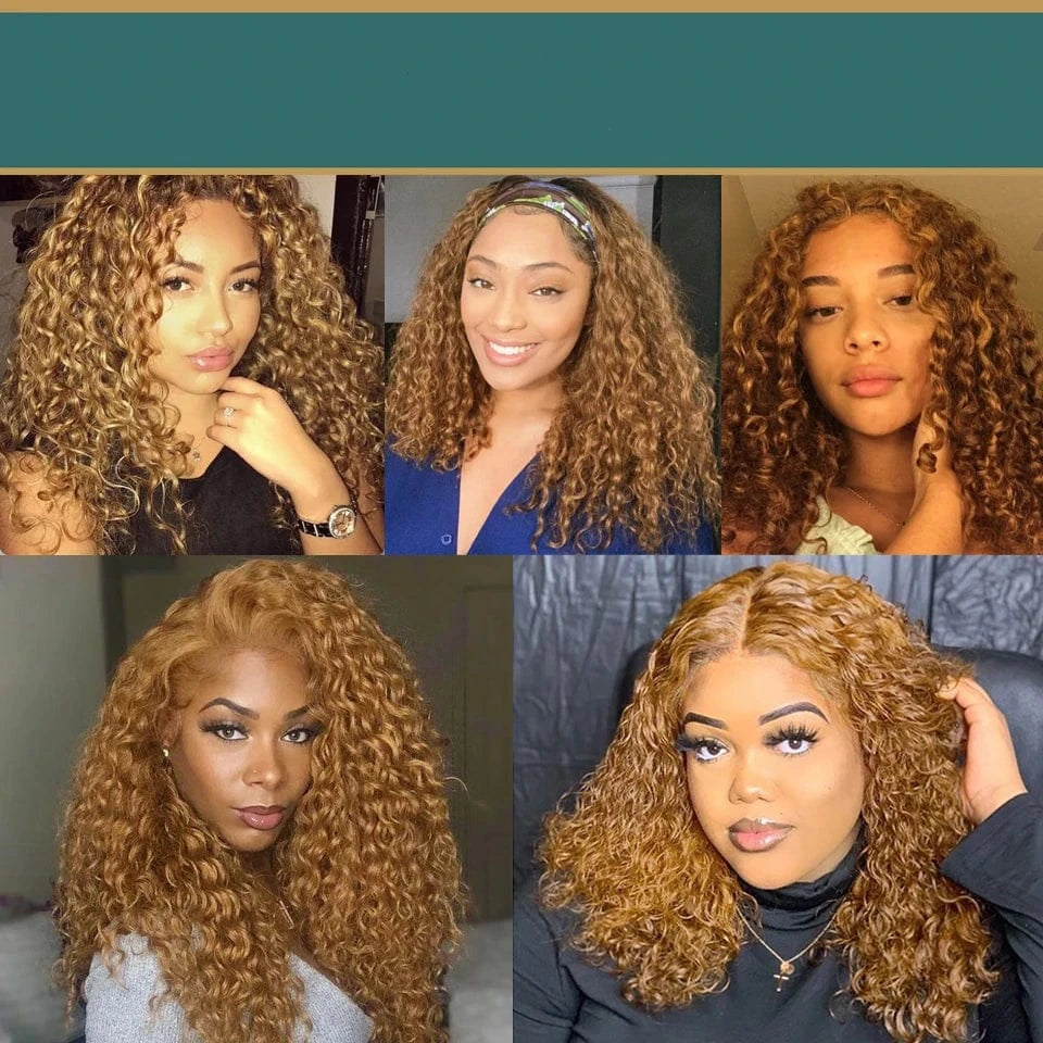Short Curly Honey Blonde Bob Wig Lace Front Human Hair Wigs For Women #27 Color Brazilian Kinky Curly Lace Closure Frontal Wigs