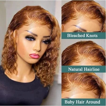 Short Curly Honey Blonde Bob Wig Lace Front Human Hair Wigs For Women #27 Color Brazilian Kinky Curly Lace Closure Frontal Wigs