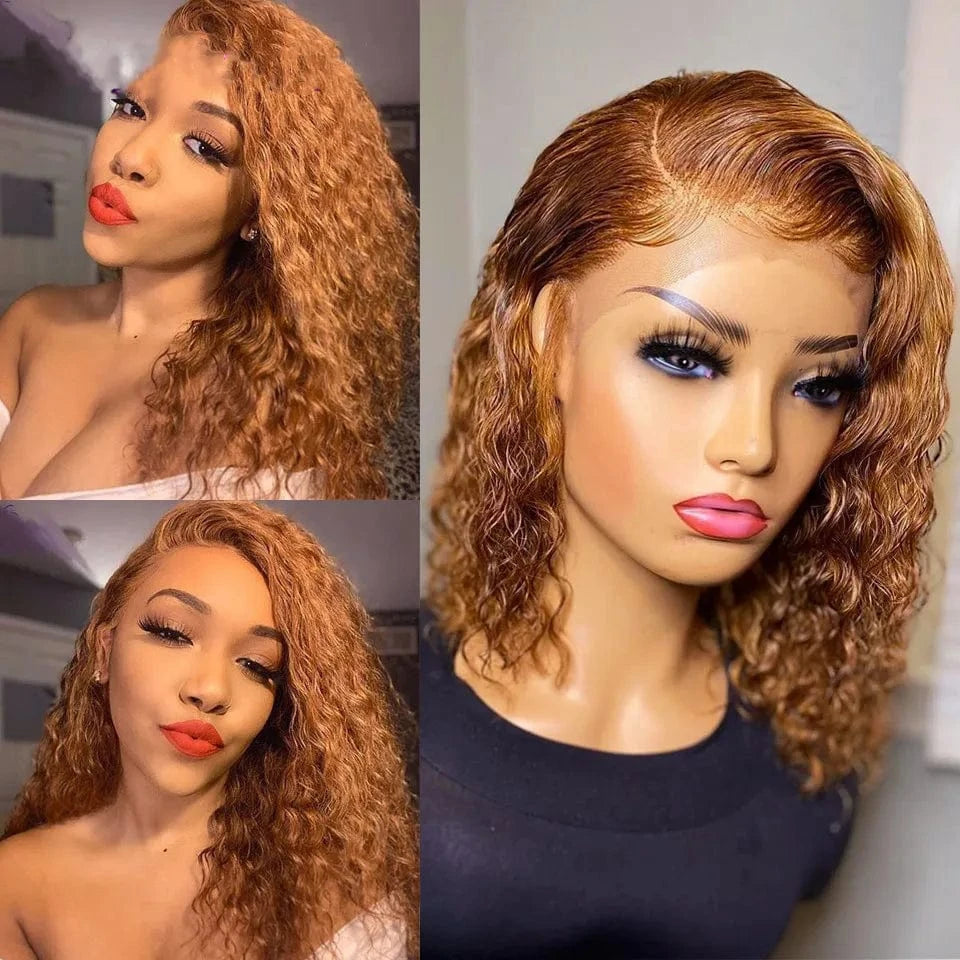 Short Curly Honey Blonde Bob Wig Lace Front Human Hair Wigs For Women #27 Color Brazilian Kinky Curly Lace Closure Frontal Wigs