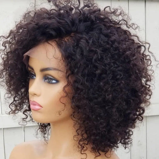 Short Curly Pixie Bob Wigs Deep Curly Natural Black Color Peruvian Human Virgin Hair13*4 Lace Front Wigs