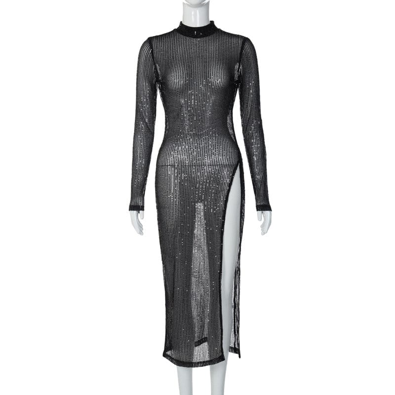 short dress 10692 O Neck Backless Elegant Long Sleeve Shinning Split Women Midi Slit Sexy Dress 2022 Evening Lady Party American Clothing